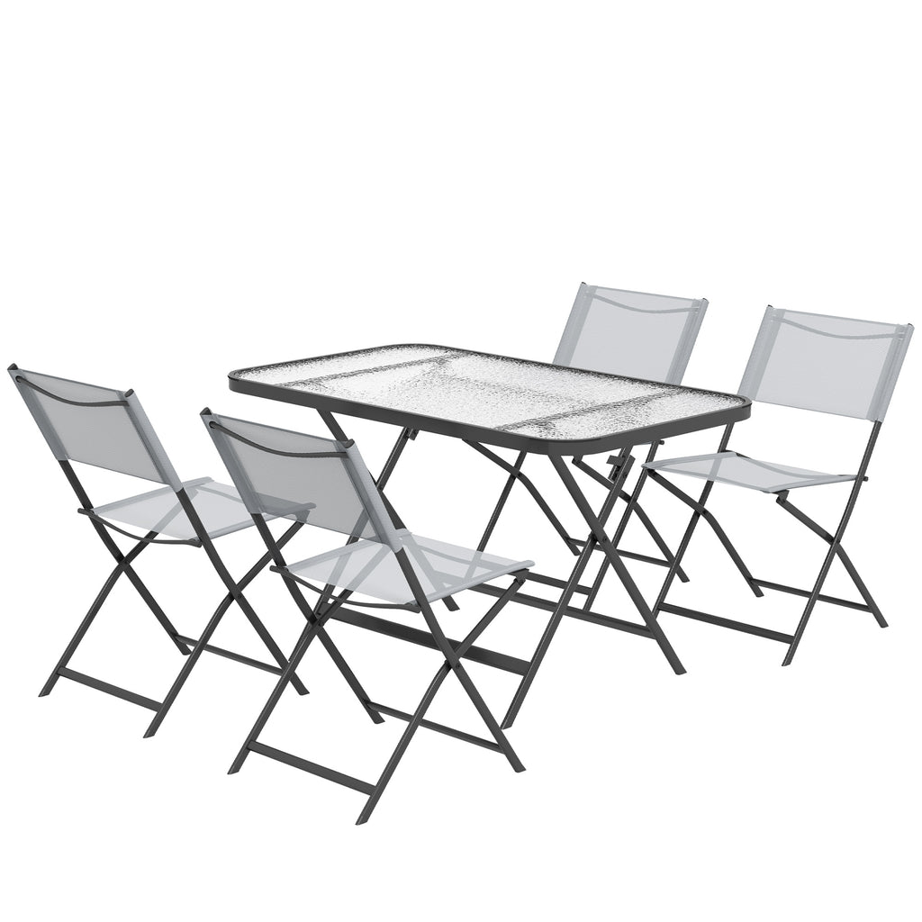 Gartenmöbel-Set, 4 Stühle + 1 Tisch, 5-teilige Gartenlounge, stapelbare Textilene-Stühle, Tischplatte aus grauem Sicherheitsglas