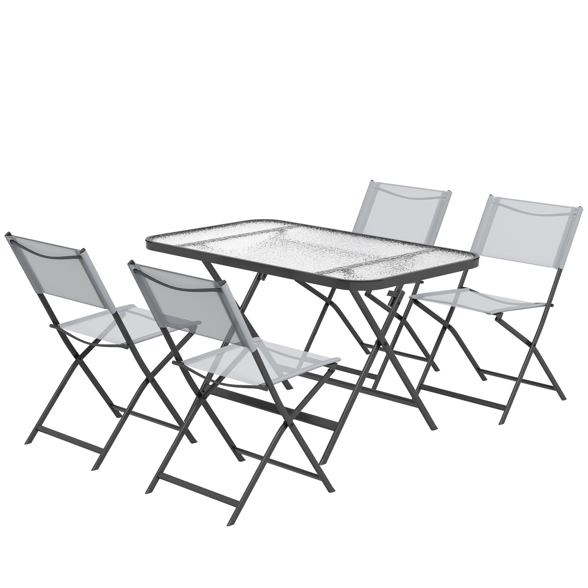 Gartenmöbel-Set, 4 Stühle + 1 Tisch, 5-teilige Gartenlounge, stapelbare Textilene-Stühle, Tischplatte aus grauem Sicherheitsglas
