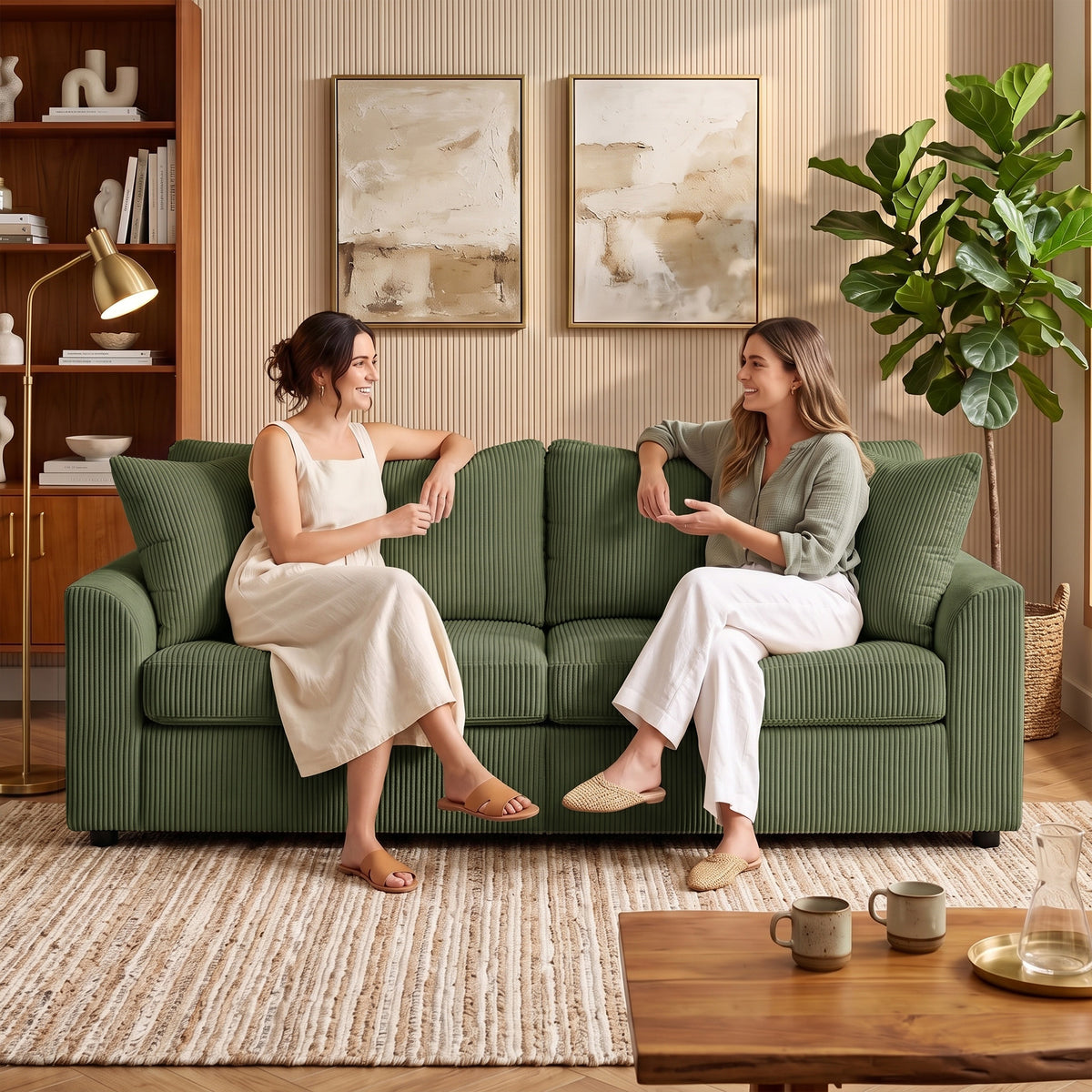 Canapé 3 places 212 cm avec 2 coussins à ressorts, tissu velours côtelé, pour salon, chambre, bureau à domicile, vert