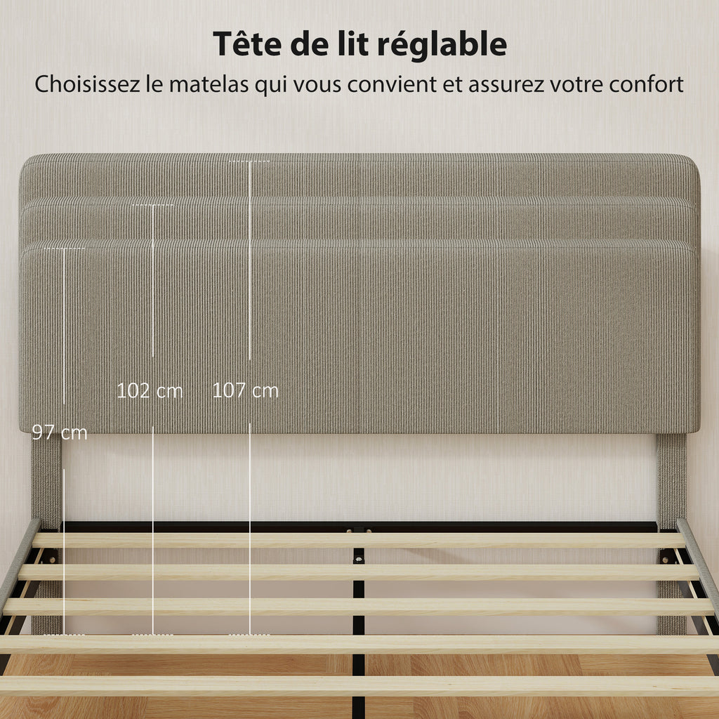 Cadre de lit 160 x 200 cm, sommier à lattes en bois, tête de lit réglable, lit double rembourré en velours côtelé, gris