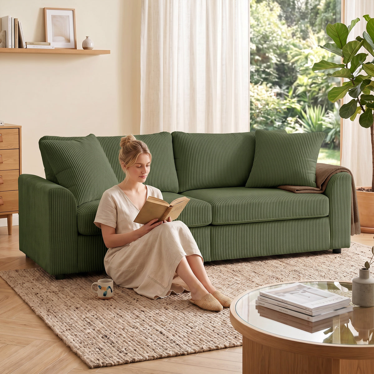 Canapé 3 places 212 cm avec 2 coussins à ressorts, tissu velours côtelé, pour salon, chambre, bureau à domicile, vert