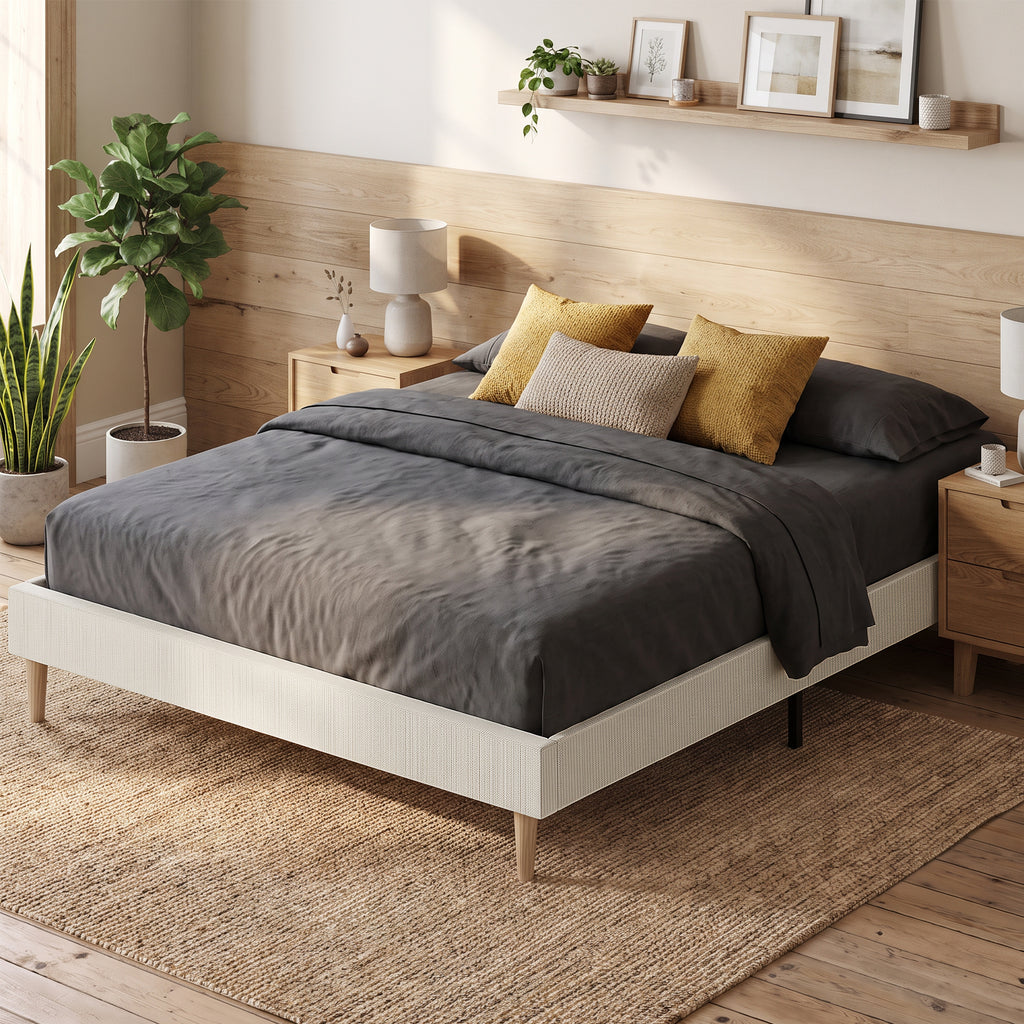 Bettrahmen 160 x 200 cm mit Lattenrost, gepolstertes Doppelbett aus Kord, Stauraum darunter, Creme