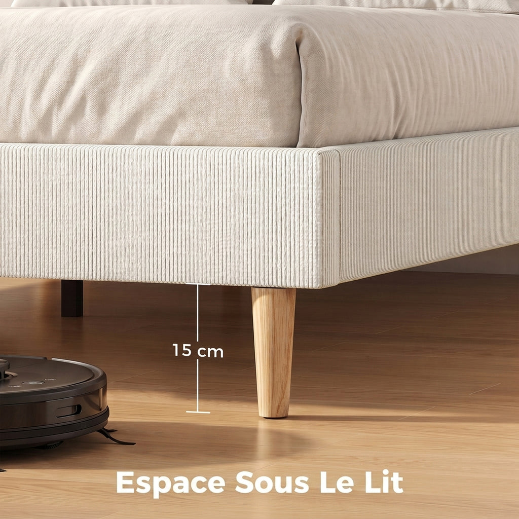 Bettrahmen 160 x 200 cm mit Lattenrost, gepolstertes Doppelbett aus Kord, Stauraum darunter, Creme