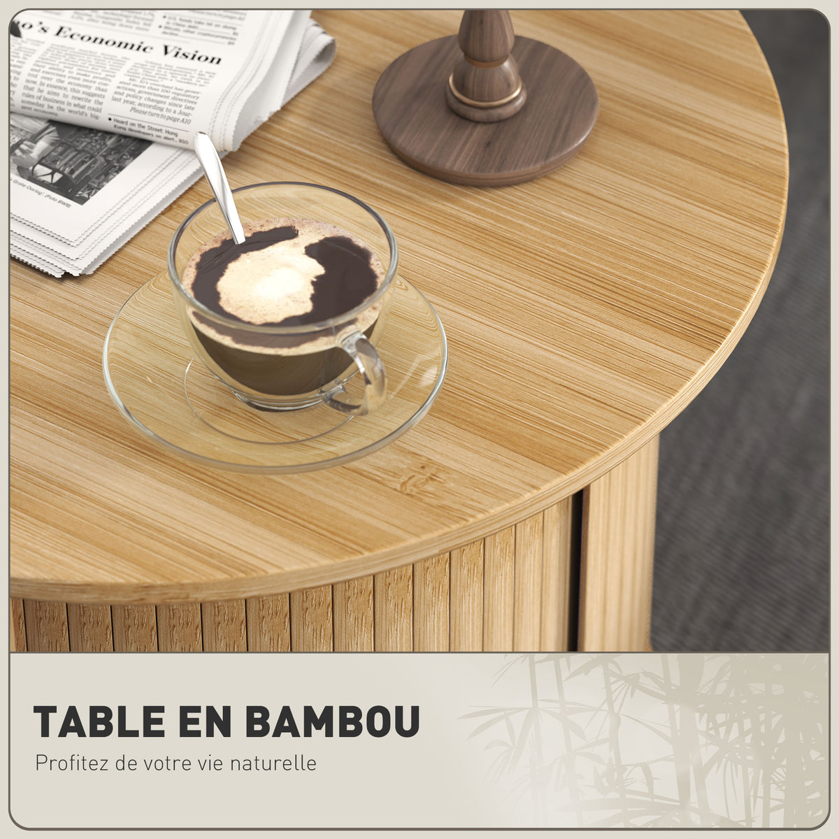 Table basse ronde table de salon en bambou avec rangement caché et porte coulissante, dim. Ø 60 x 45H cm, bois naturel