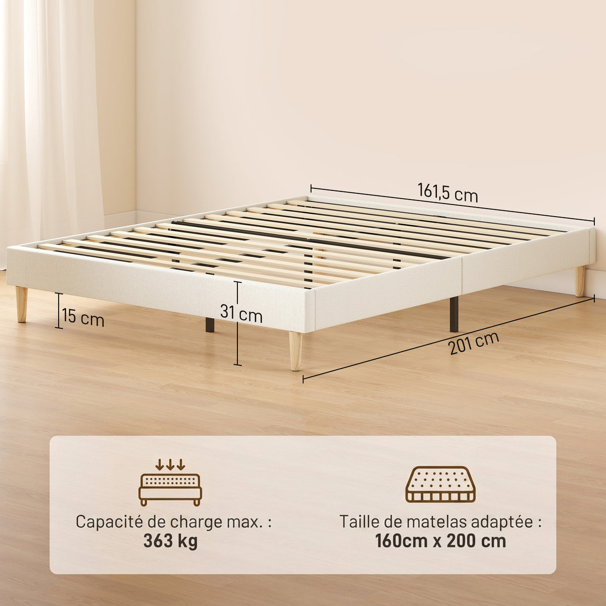 Bettrahmen 160 x 200 cm mit Lattenrost, gepolstertes Doppelbett aus Kord, Stauraum darunter, Creme