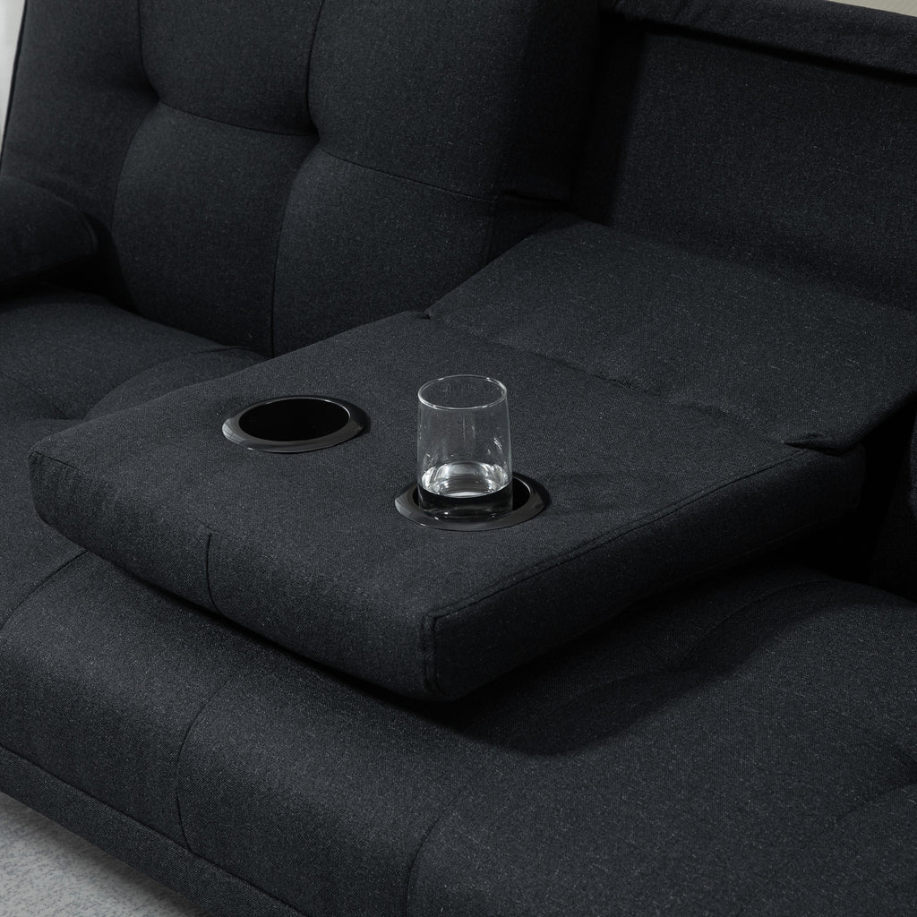 Canapé convertible 3 places, canapé-lit rembourré avec dossier réglable 3 niveaux, 2 coussins et 2 porte-gobelets intégrés, tissu de lin, pour salon, chambre d'amis, petit espace, gris