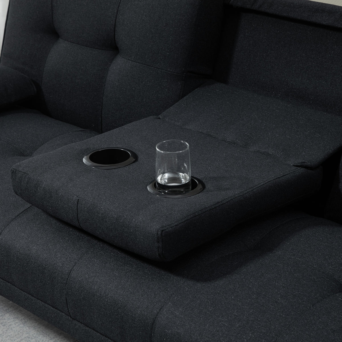 Canapé convertible 3 places, canapé-lit rembourré avec dossier réglable 3 niveaux, 2 coussins et 2 porte-gobelets intégrés, tissu de lin, pour salon, chambre d'amis, petit espace, gris