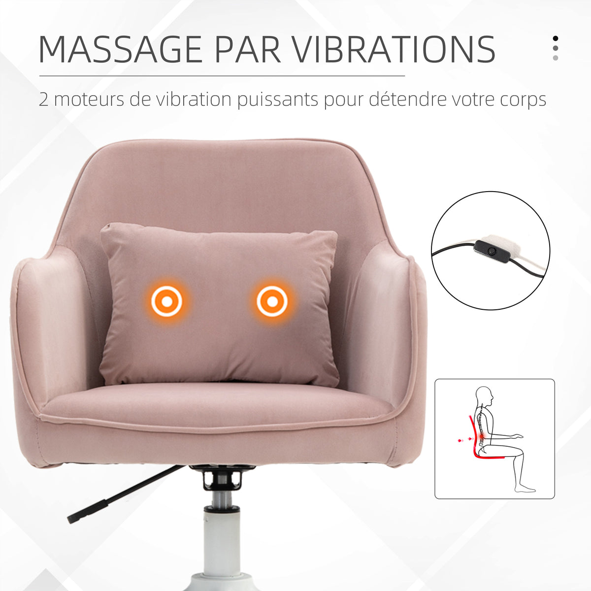 Chaise de bureau velours fauteuil bureau massant coussin lombaire intégré hauteur réglable rose poudré