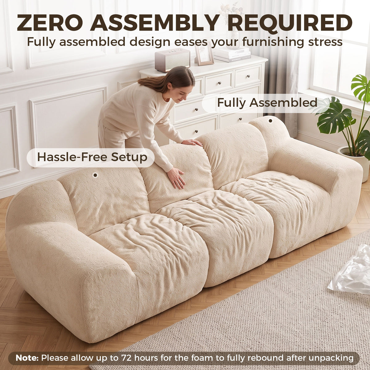 Canapé 3 Places 233 cm, Canapé Salon en Chenille Moderne avec Assise Profonde, Accoudoirs Larges, Beige