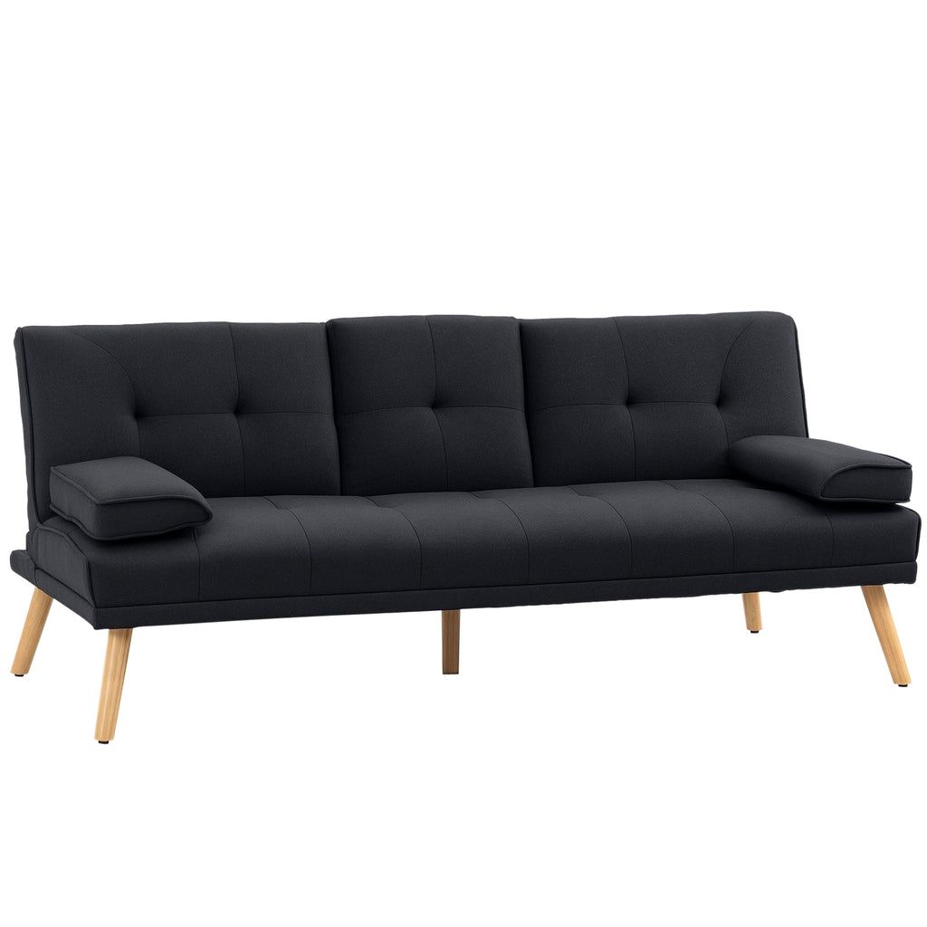 Canapé convertible 3 places, canapé-lit rembourré avec dossier réglable 3 niveaux, 2 coussins et 2 porte-gobelets intégrés, tissu de lin, pour salon, chambre d'amis, petit espace, gris
