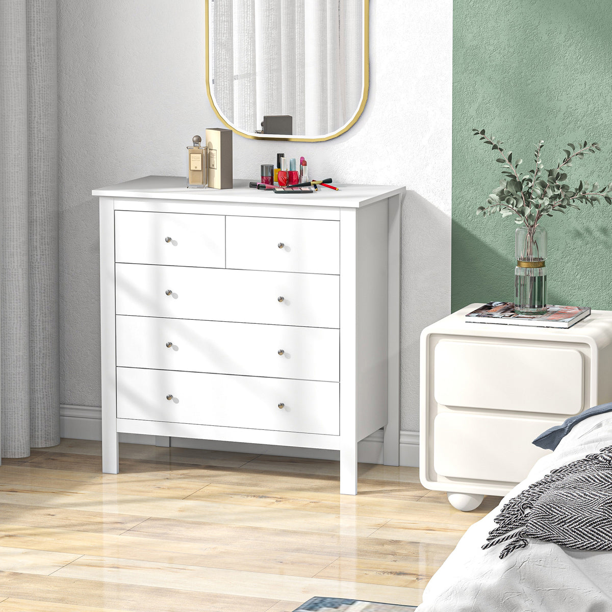 Commode à 5 tiroirs, meuble de rangement, avec poignées, glissières métalliques,  en bois, 79l x 39,5P x 80,5H cm, blanc