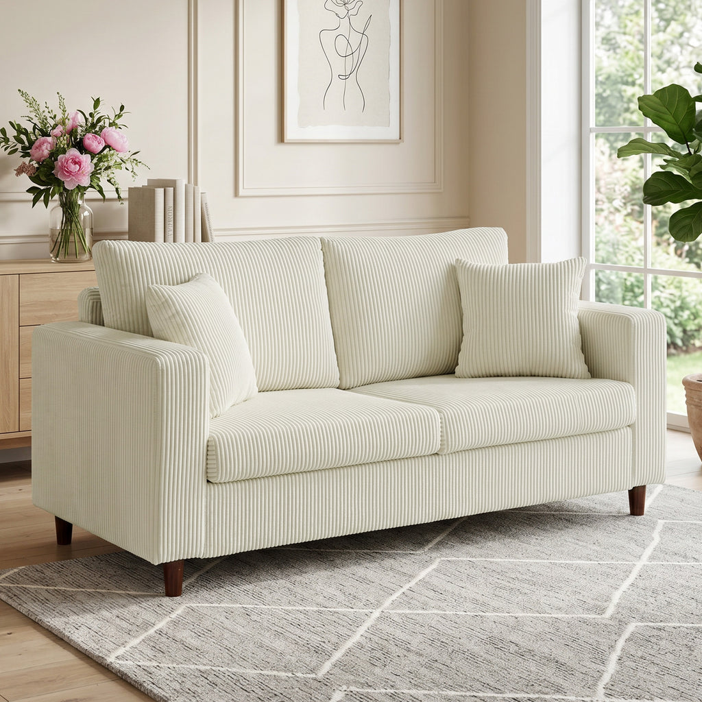 2-Sitzer-Sofa aus Cord, modernes Wohnzimmersofa 170 cm, breite Sitzfläche, Federkernpolsterung, Creme