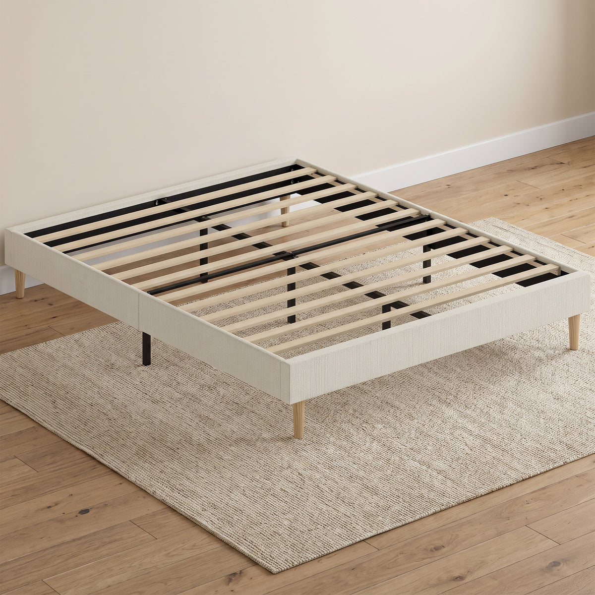 Cadre de Lit 160 x 200 cm avec Sommier, Lit Double Rembourré en Velours Côtelé, Espace de Rangement Au-Dessous, Crème