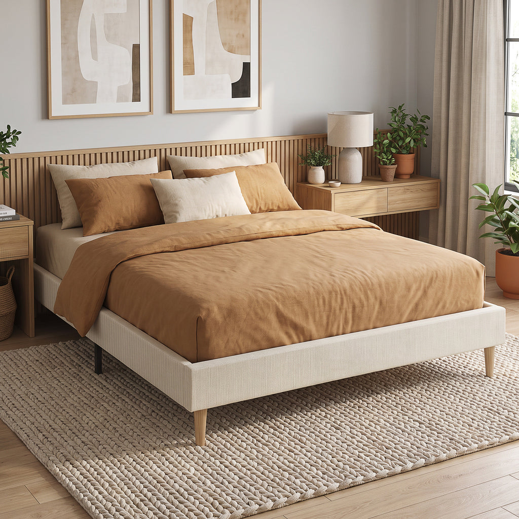 Bettrahmen 160 x 200 cm mit Lattenrost, gepolstertes Doppelbett aus Kord, Stauraum darunter, Creme