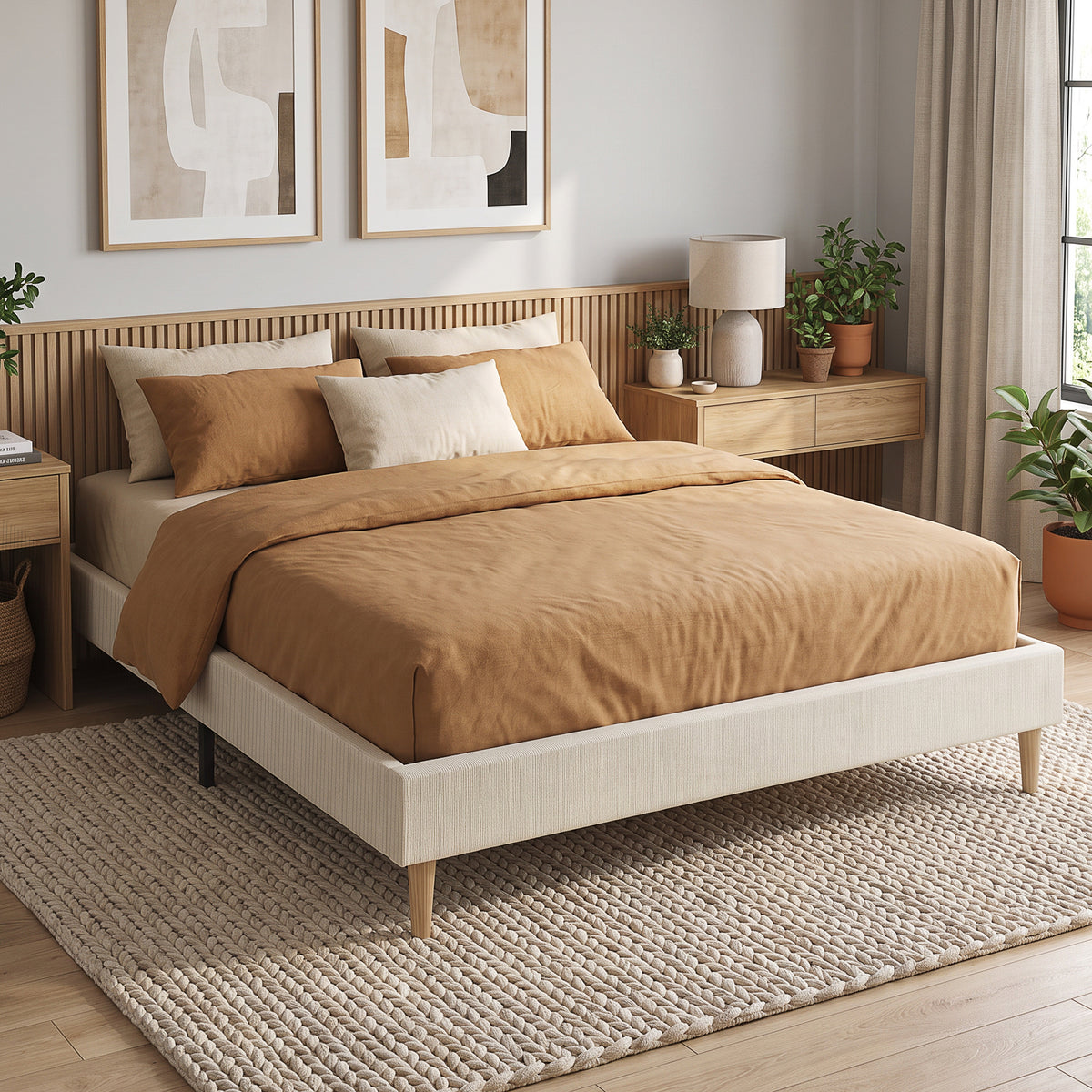 Cadre de Lit 160 x 200 cm avec Sommier, Lit Double Rembourré en Velours Côtelé, Espace de Rangement Au-Dessous, Crème