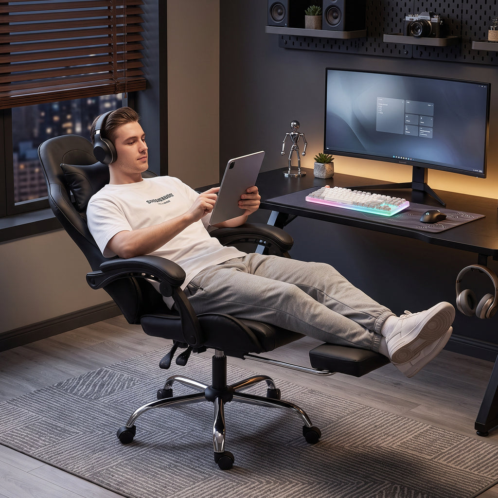Chaise Gaming Ergonomique avec Coussin Lombaire Massant, Fauteuil Gaming Inclinable en Cuir Synthétique, Noir