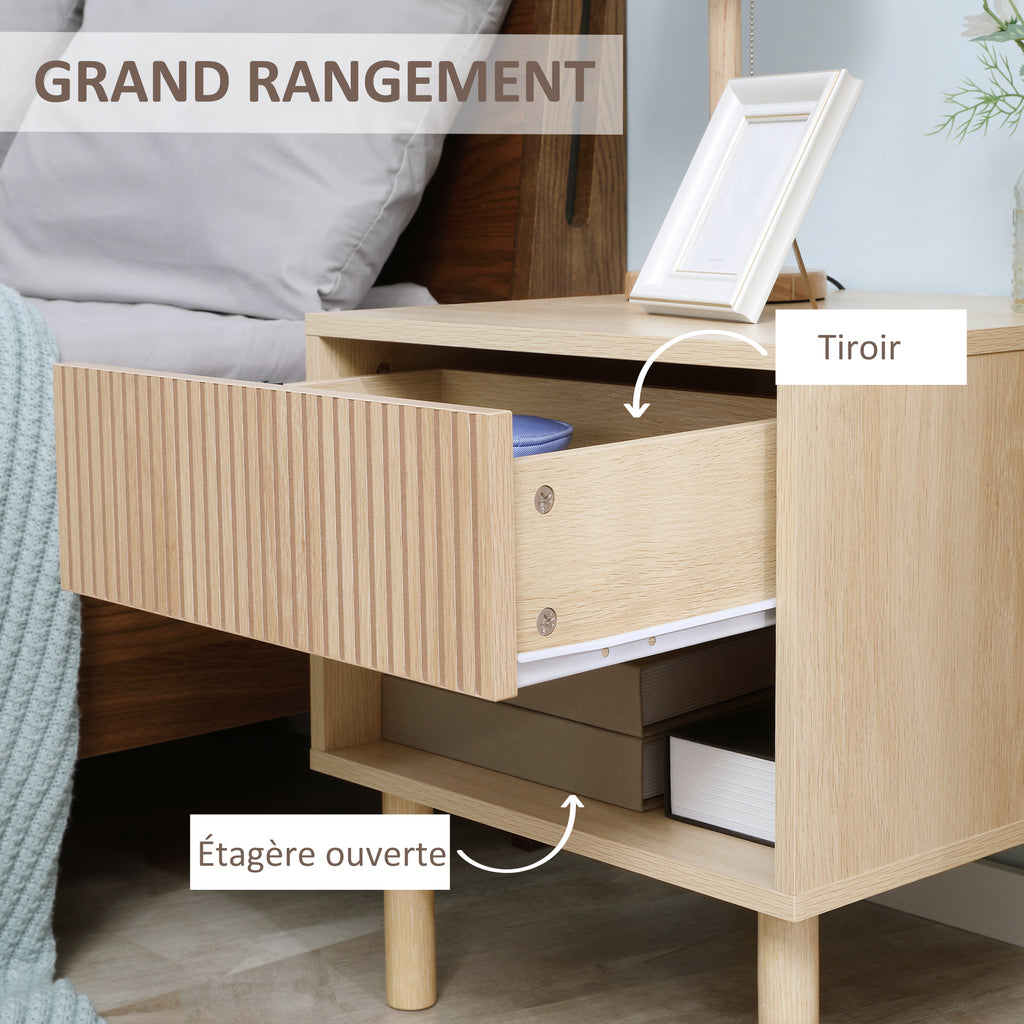 Table de chevet table de nuit avec tiroirs et niches, table d'appoint style moderne pour chambre à coucher, salon, dim. 47 x 47 x 50 cm, finition bois naturel