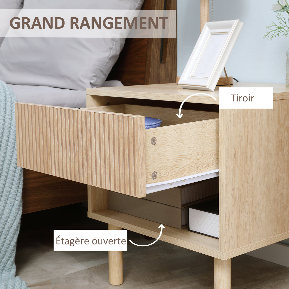 Table de chevet table de nuit avec tiroirs et niches, table d'appoint style moderne pour chambre à coucher, salon, dim. 47 x 47 x 50 cm, finition bois naturel