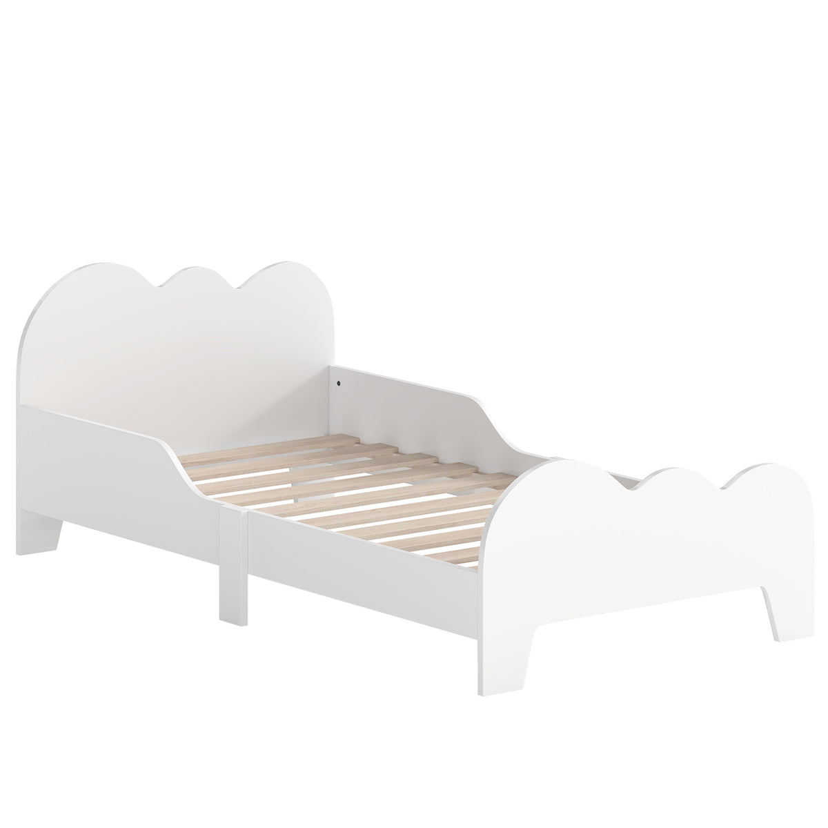 Lit enfant lit au sol enfant 70x140 cm avec barrière de sécurité, sommier à lattes inclus et décorations de nuage, blanc
