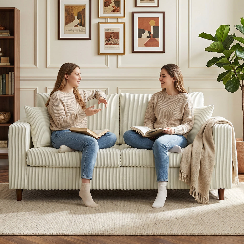 2-Sitzer-Sofa aus Cord, modernes Wohnzimmersofa 170 cm, breite Sitzfläche, Federkernpolsterung, Creme