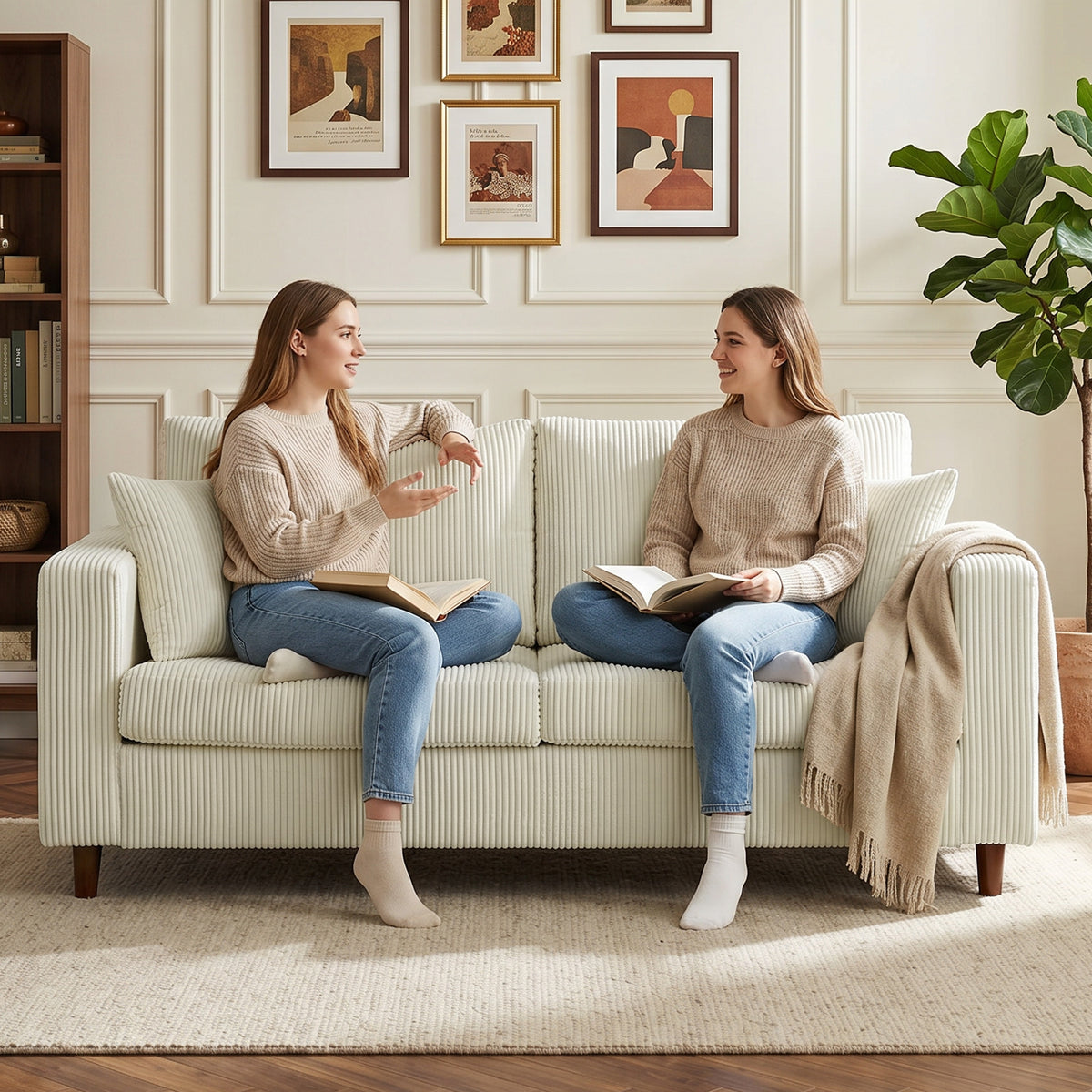 2-Sitzer-Sofa aus Cord, modernes Wohnzimmersofa 170 cm, breite Sitzfläche, Federkernpolsterung, Creme