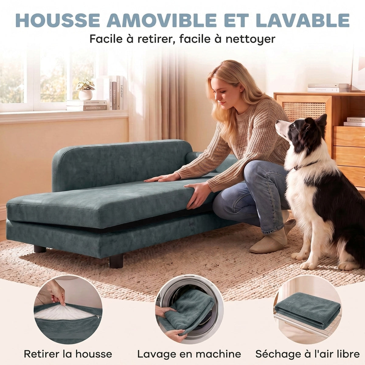 Hundesofa Hundebett abnehmbares waschbares Kissen hohe Rückenlehne Armlehnen Samt 101x66x34,5cm Grau