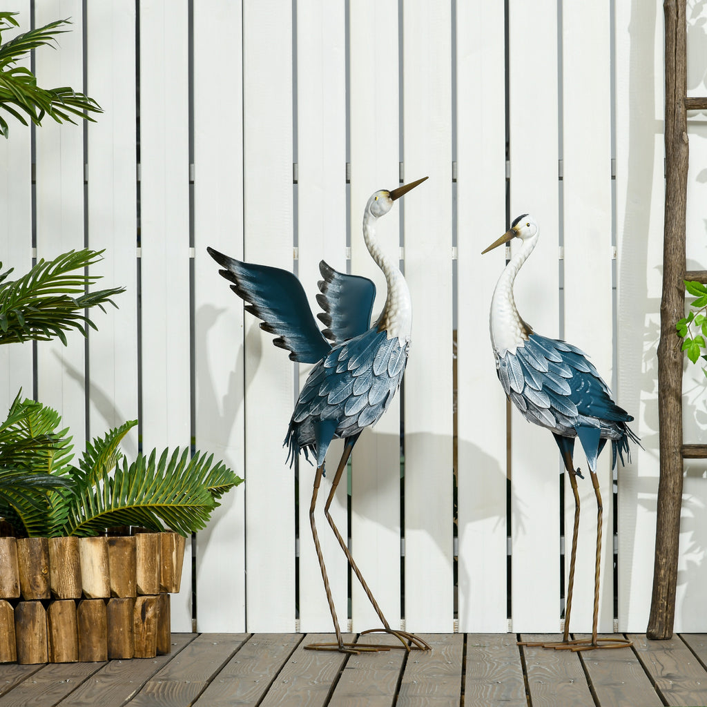 2er-Set Gartenstatuen: Reiher-Skulpturen aus Stahl für Teich, Terrasse, Veranda, Rasen, 74/70 cm, bunt
