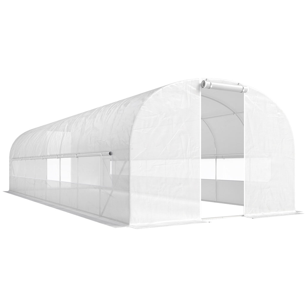 Gartentunnel-Gewächshaus 24m², Tunnel-Gewächshaus mit verzinktem Stahlrahmen, Türen und 2 großen Fenstern, weiß
