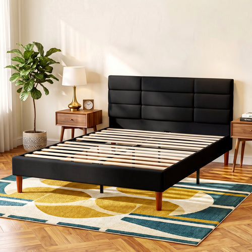 Cadre de Lit 140 x 200 cm avec Sommier Bois, Lit Double Rembourré en Effet Lin, Rangement au-dessous, Sans Bruit, Noir