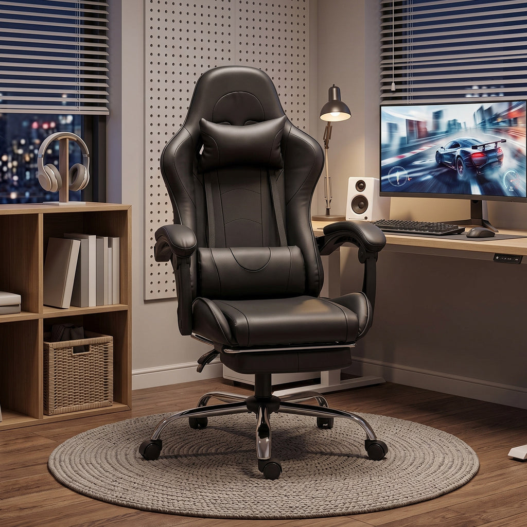 Chaise Gaming Ergonomique avec Coussin Lombaire Massant, Fauteuil Gaming Inclinable en Cuir Synthétique, Noir