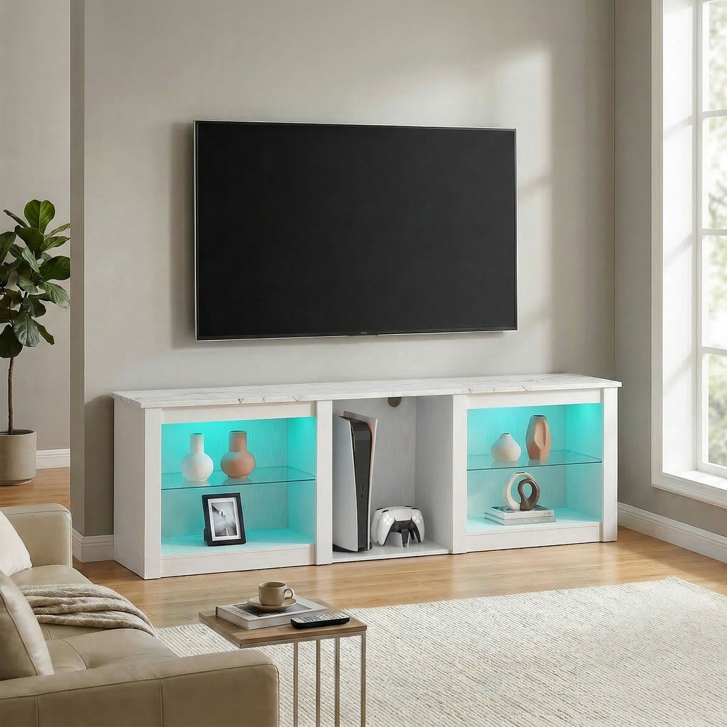 Meuble TV avec éclairage LED pour télévision jusqu'à 70 pouces, 160cm avec étagères en verre réglables, blanc