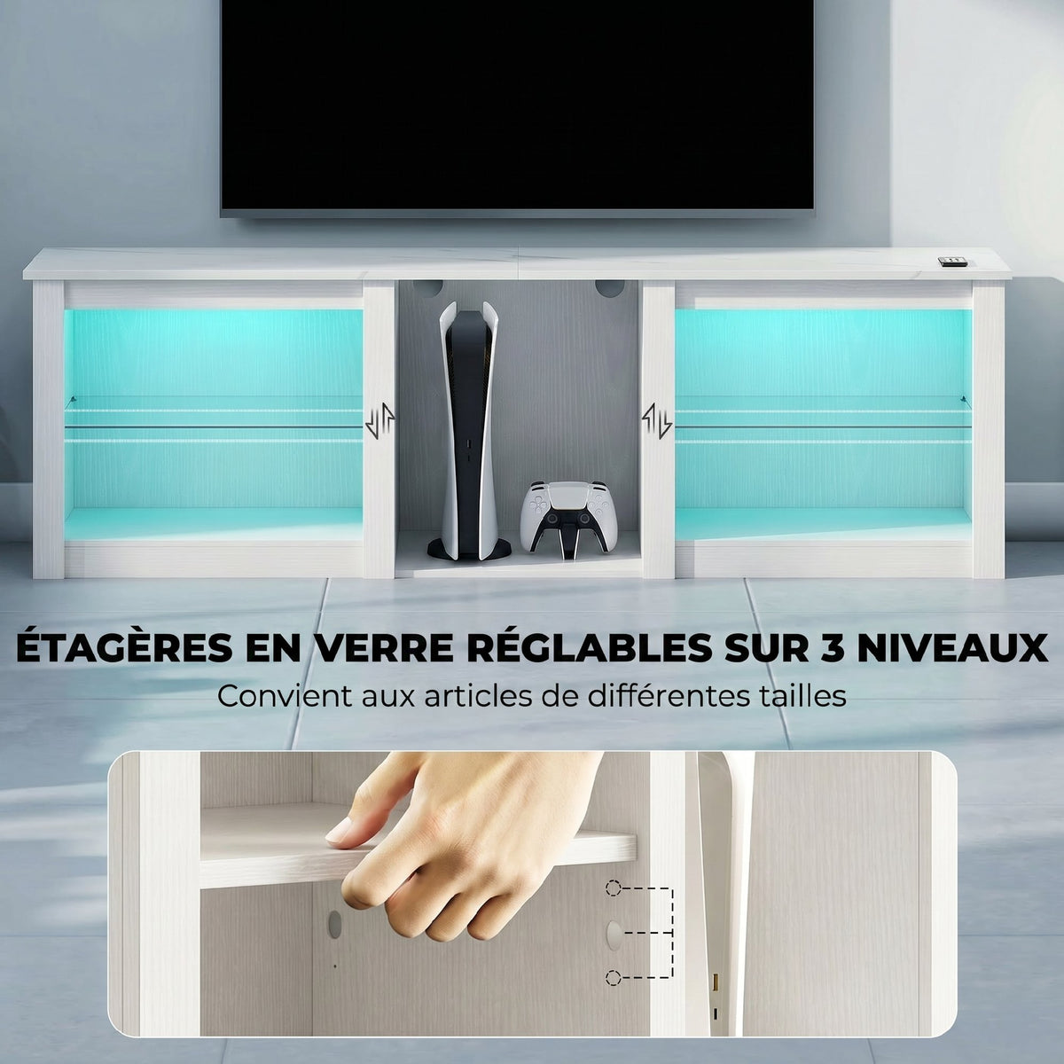 Meuble TV avec éclairage LED pour télévision jusqu'à 70 pouces, 160cm avec étagères en verre réglables, blanc