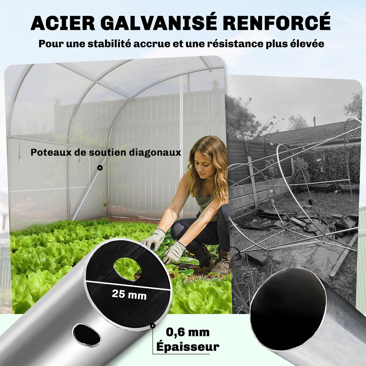 Gartentunnel-Gewächshaus 24m², Tunnel-Gewächshaus mit verzinktem Stahlrahmen, Türen und 2 großen Fenstern, weiß