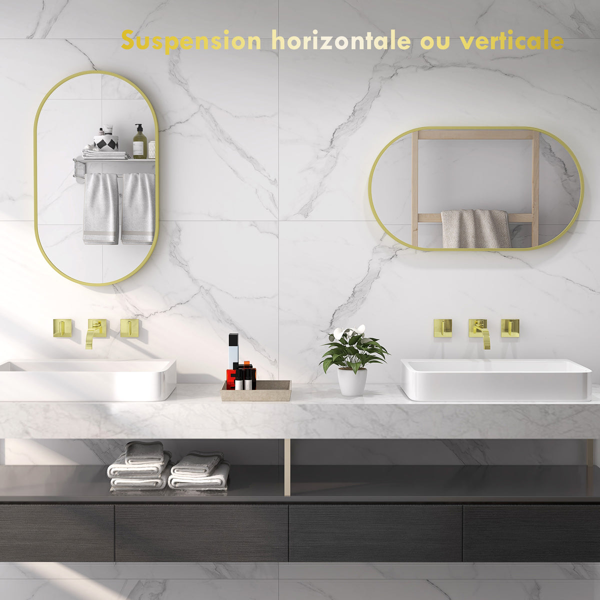 Miroir ovale mural cadre en aluminium style minimaliste montage vertical ou horizontal avec 3 crochets 40 x 70 cm doré