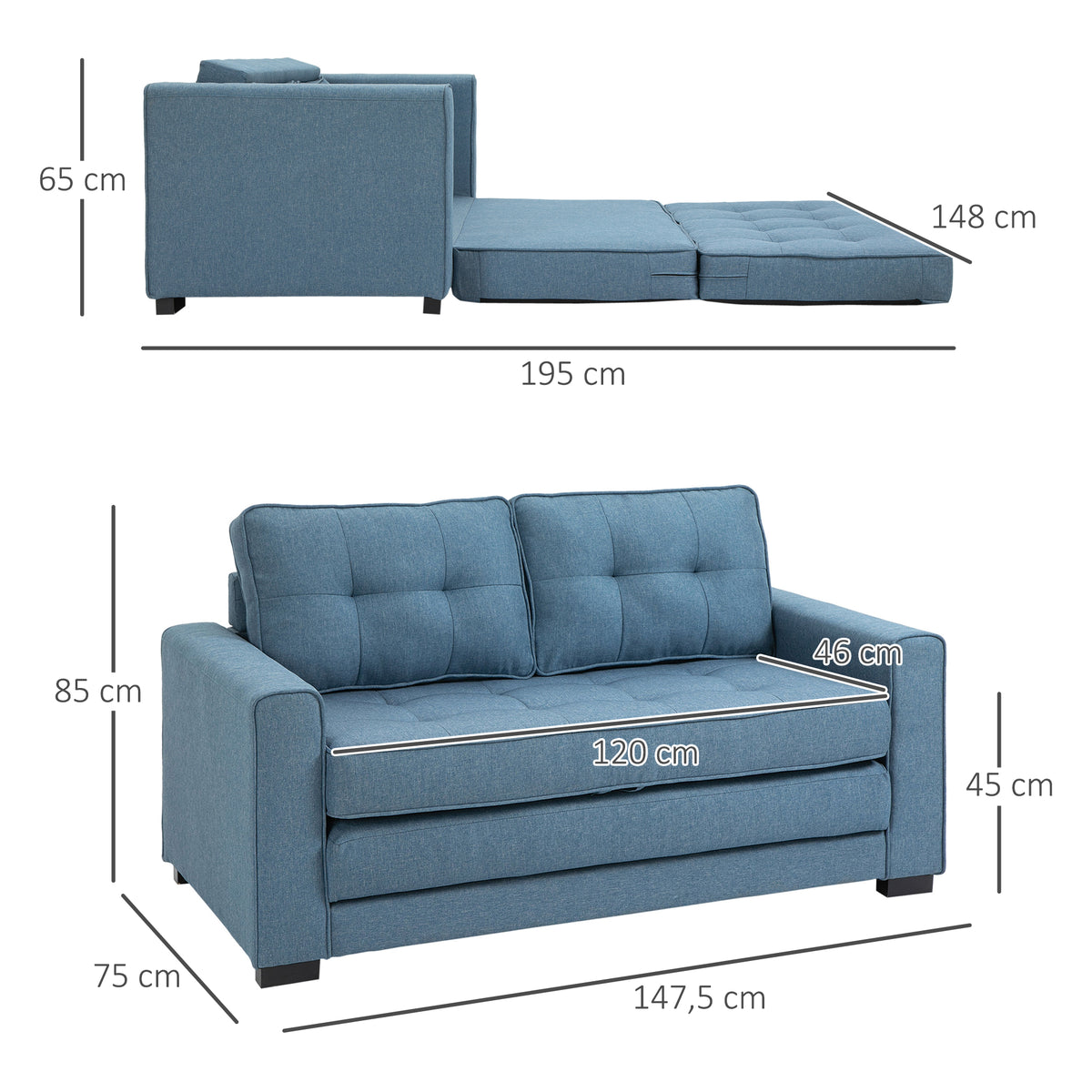 Canapé droit convertible 2 places - dossier capitonné - 147,5 x 75 x 85 cm - bleu