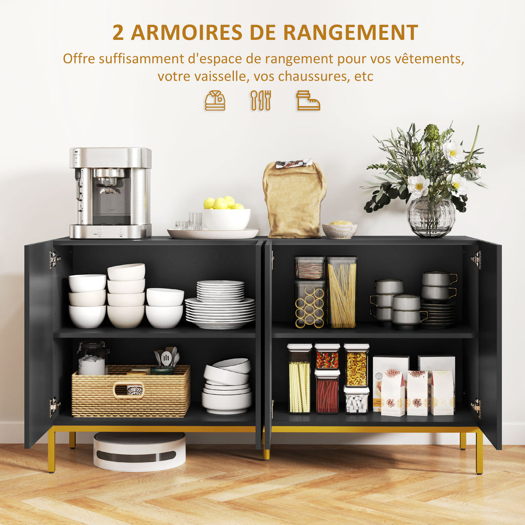 Buffet design contemporain graphique 2 placards porte étagères réglables en bois noir métal doré