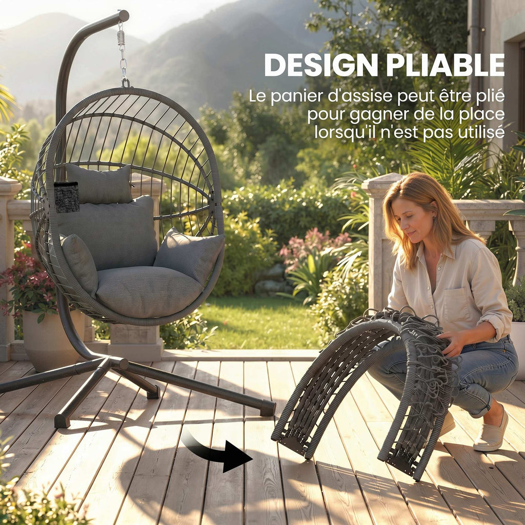 Fauteuil œuf suspendu, chaise hamac balançoire intérieur et extérieur, panier pliable, coussin rembourré, gris