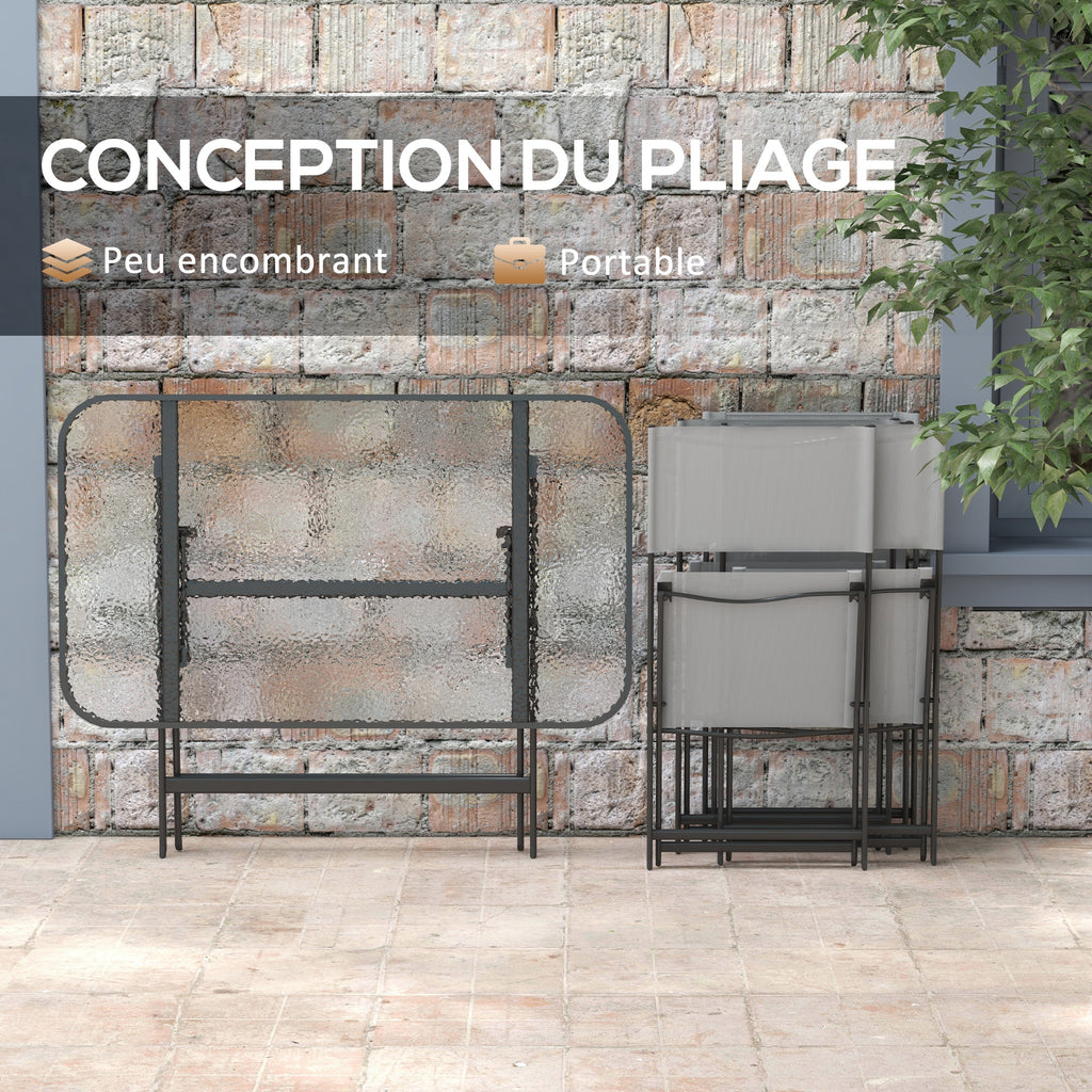 Gartenmöbel-Set, 4 Stühle + 1 Tisch, 5-teilige Gartenlounge, stapelbare Textilene-Stühle, Tischplatte aus grauem Sicherheitsglas