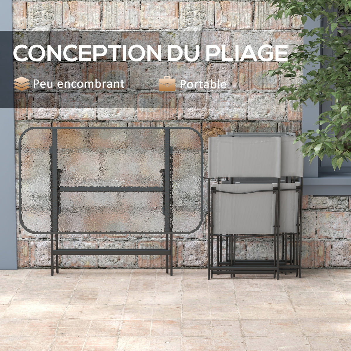 Gartenmöbel-Set, 4 Stühle + 1 Tisch, 5-teilige Gartenlounge, stapelbare Textilene-Stühle, Tischplatte aus grauem Sicherheitsglas