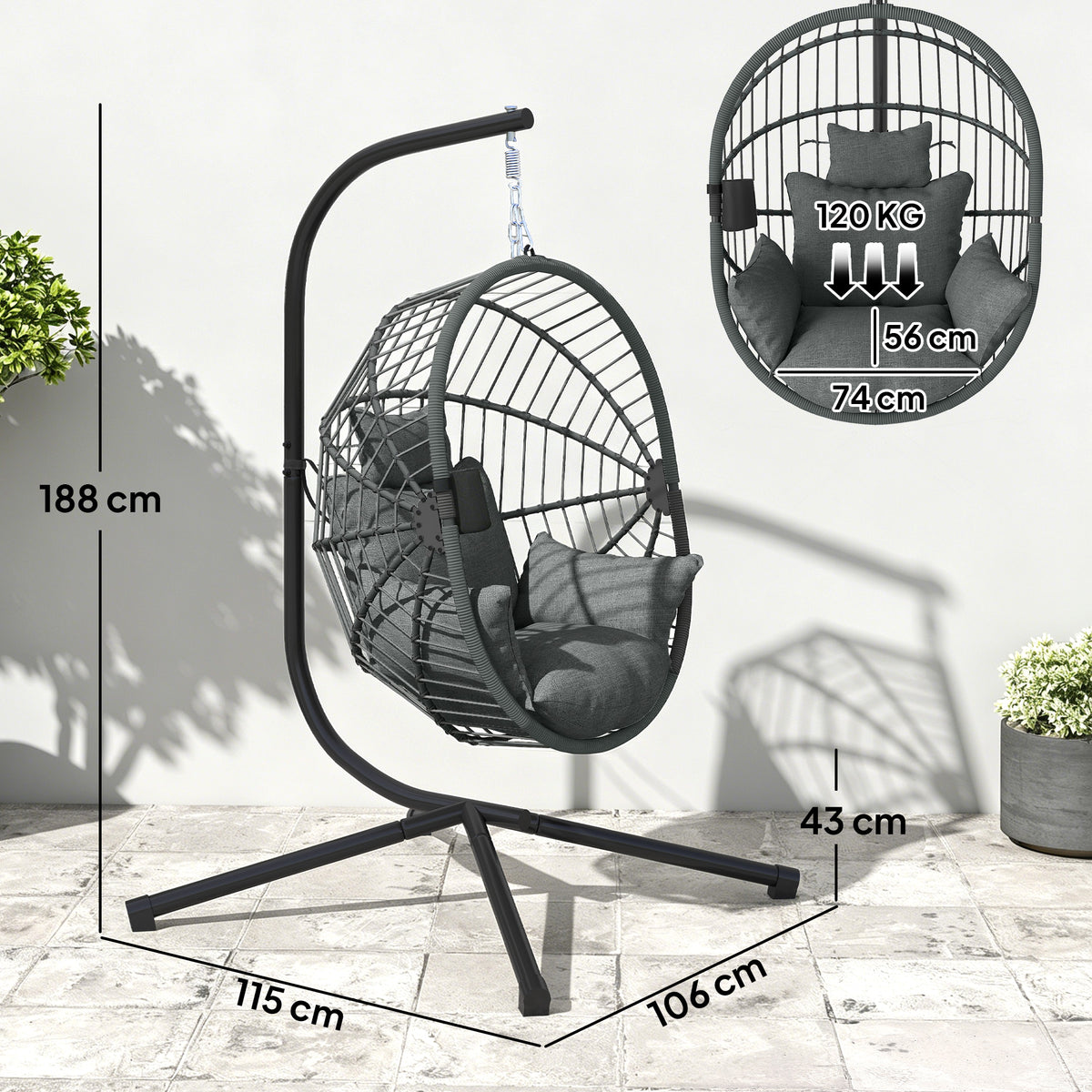 Fauteuil œuf suspendu, chaise hamac balançoire intérieur et extérieur, panier pliable, coussin rembourré, gris