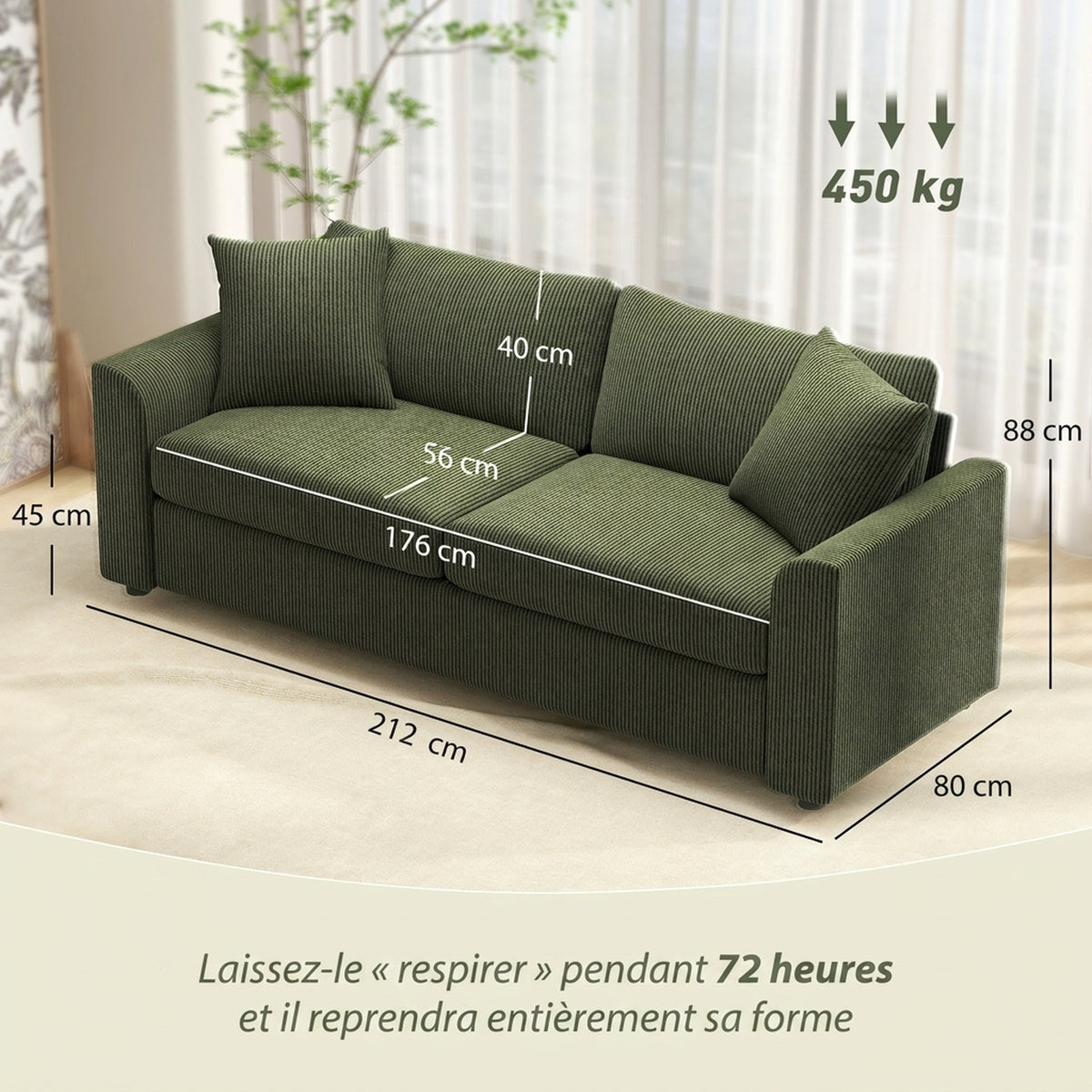Canapé 3 places 212 cm avec 2 coussins à ressorts, tissu velours côtelé, pour salon, chambre, bureau à domicile, vert
