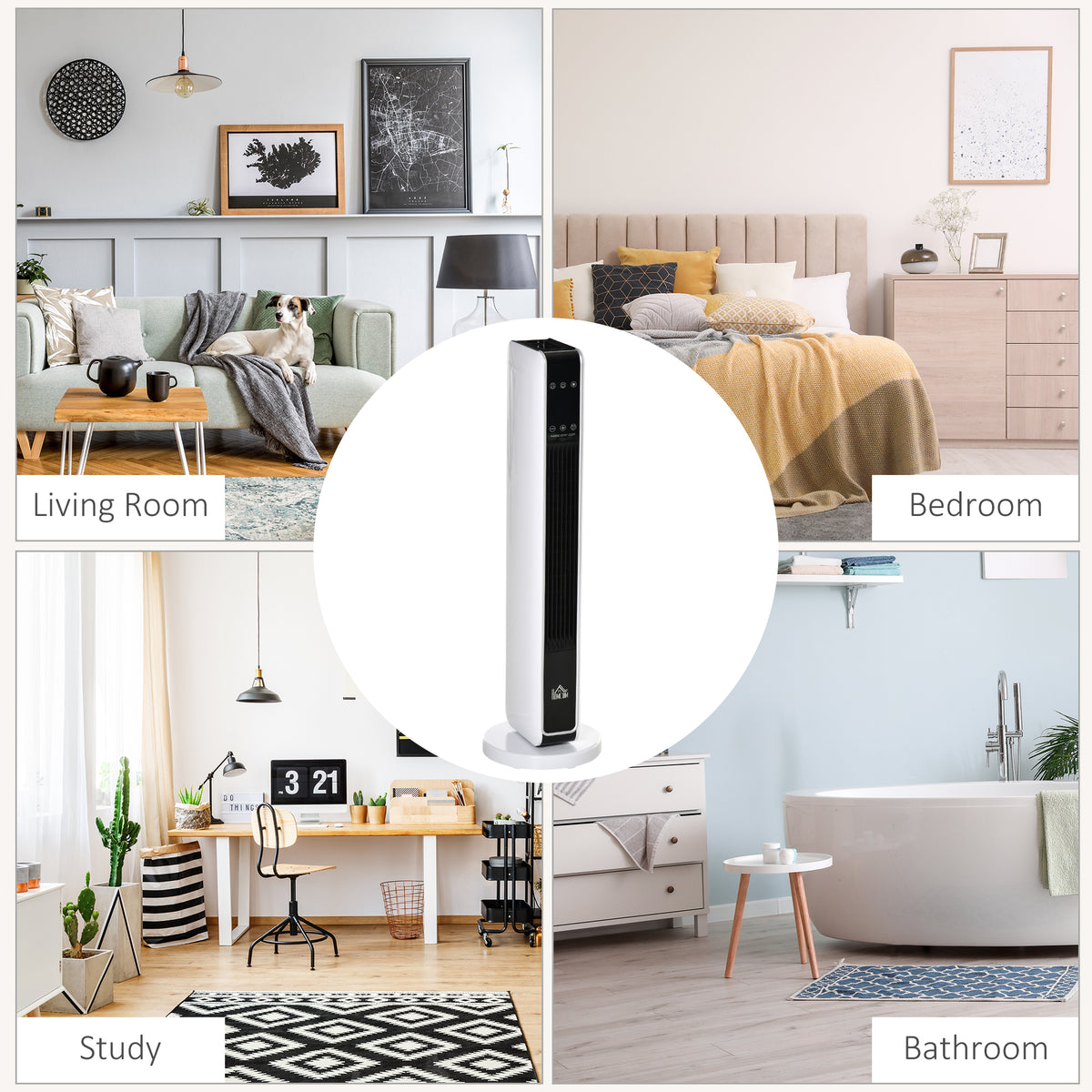 Chauffage électrique soufflant oscillant 1100/2200 W, céramique PTC, télécommande incluse, minuterie 8h, 21 x 21 x 73 cm