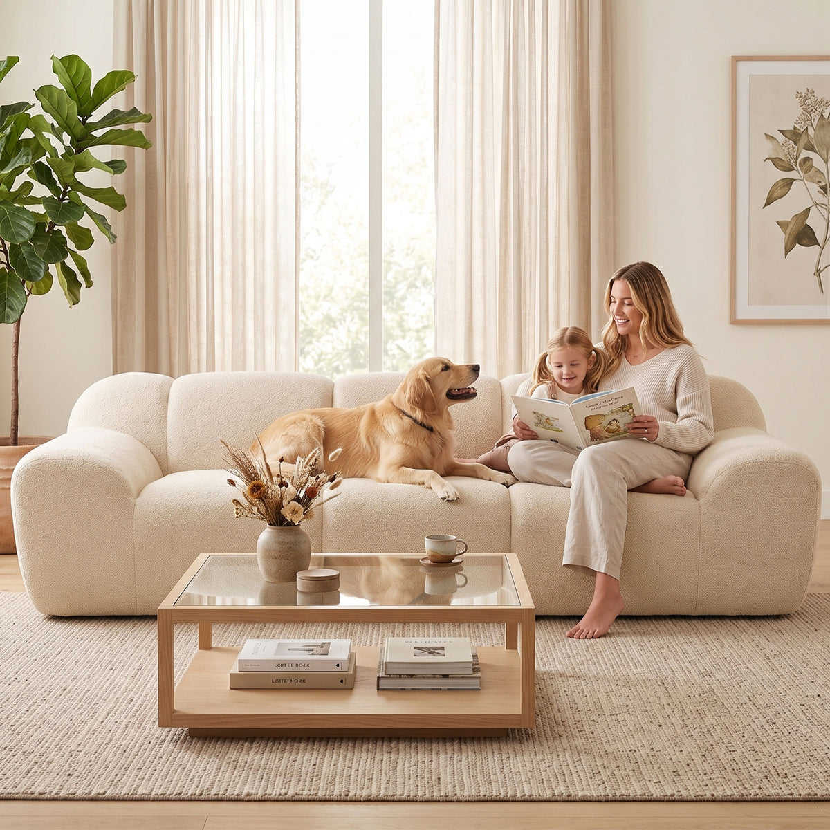 Canapé 3 Places 233 cm, Canapé Salon en Chenille Moderne avec Assise Profonde, Accoudoirs Larges, Beige