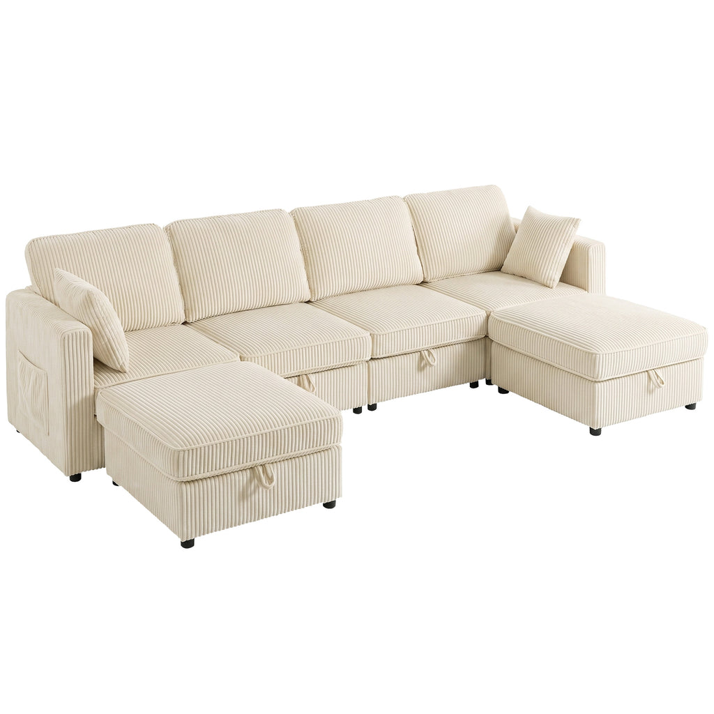 Canapé 4 Places avec 2 Poufs de Rangement, Canapé d'Angle Modulable en U 306 cm en Velours Côtelé, 4 Coussins, Crème