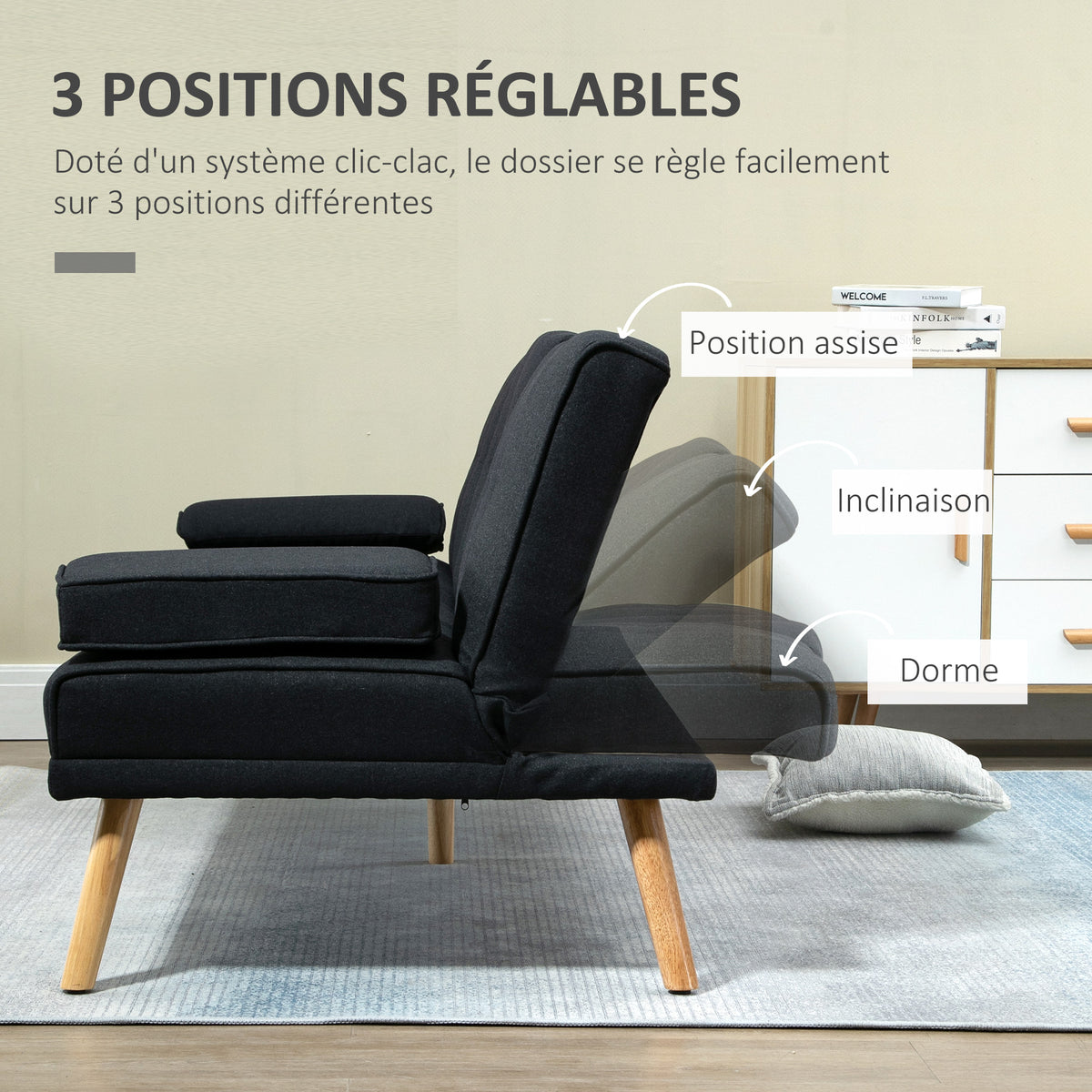 Canapé convertible 3 places, canapé-lit rembourré avec dossier réglable 3 niveaux, 2 coussins et 2 porte-gobelets intégrés, tissu de lin, pour salon, chambre d'amis, petit espace, gris