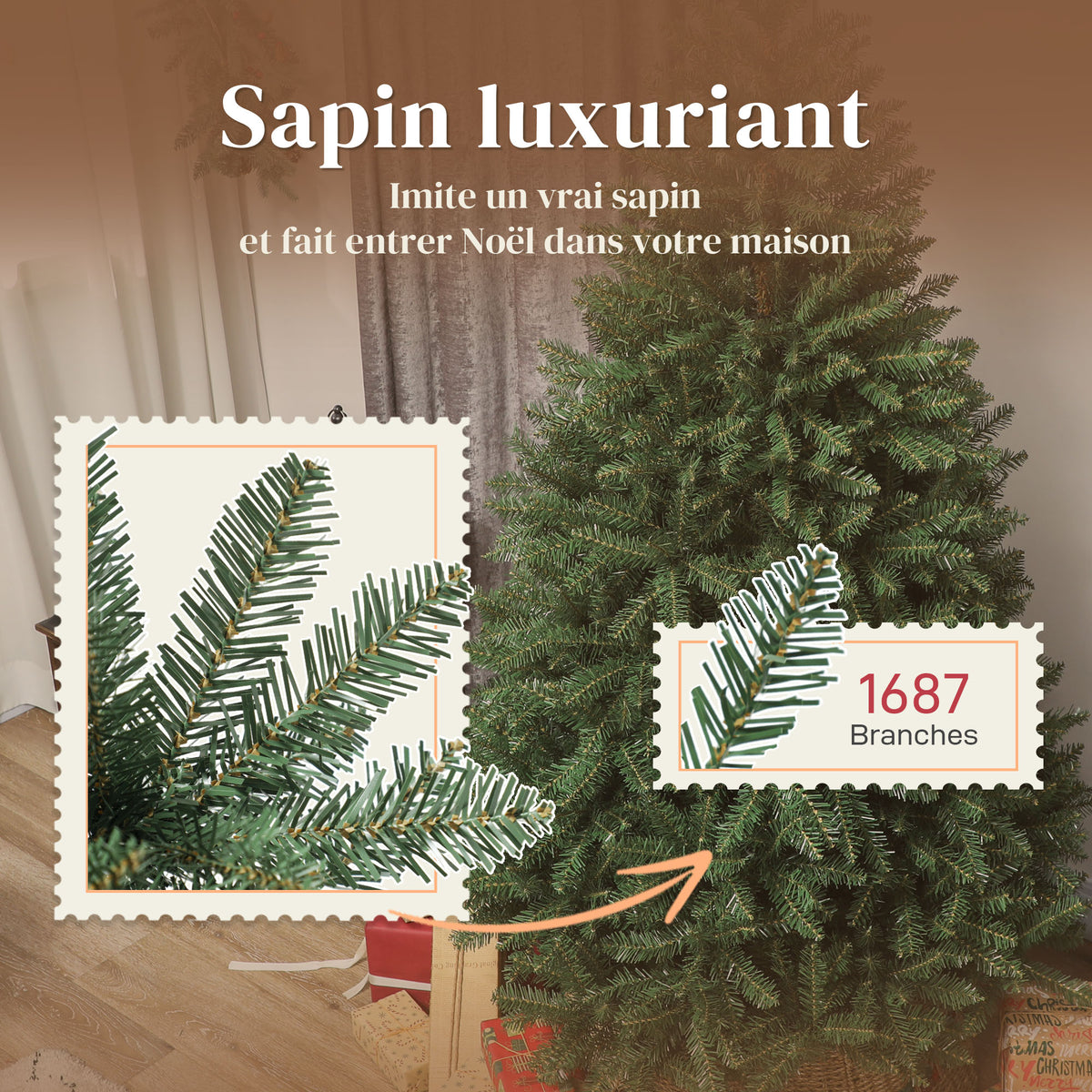 Künstlicher Weihnachtsbaum 180 cm, realistischer Weihnachtsbaum mit 1687 biegsamen Zweigspitzen, Metallständer, grün