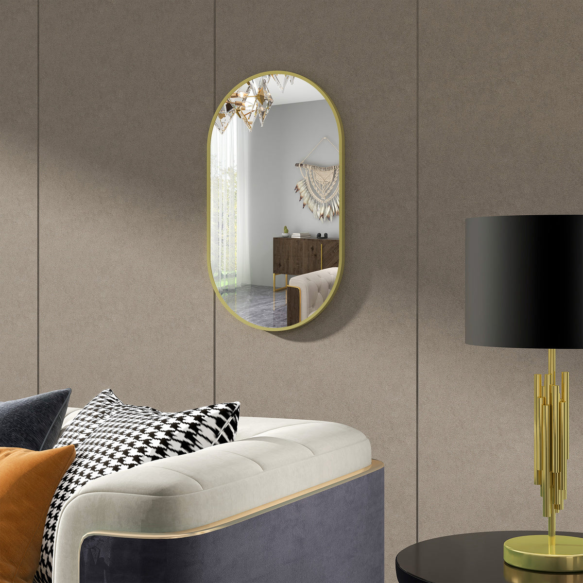 Miroir ovale mural cadre en aluminium style minimaliste montage vertical ou horizontal avec 3 crochets 40 x 70 cm doré