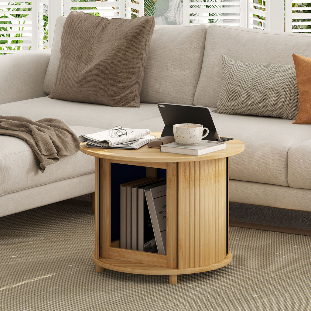 Table basse ronde table de salon en bambou avec rangement caché et porte coulissante, dim. Ø 60 x 45H cm, bois naturel