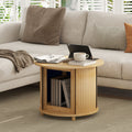Table basse ronde table de salon en bambou avec rangement caché et porte coulissante, dim. Ø 60 x 45H cm, bois naturel