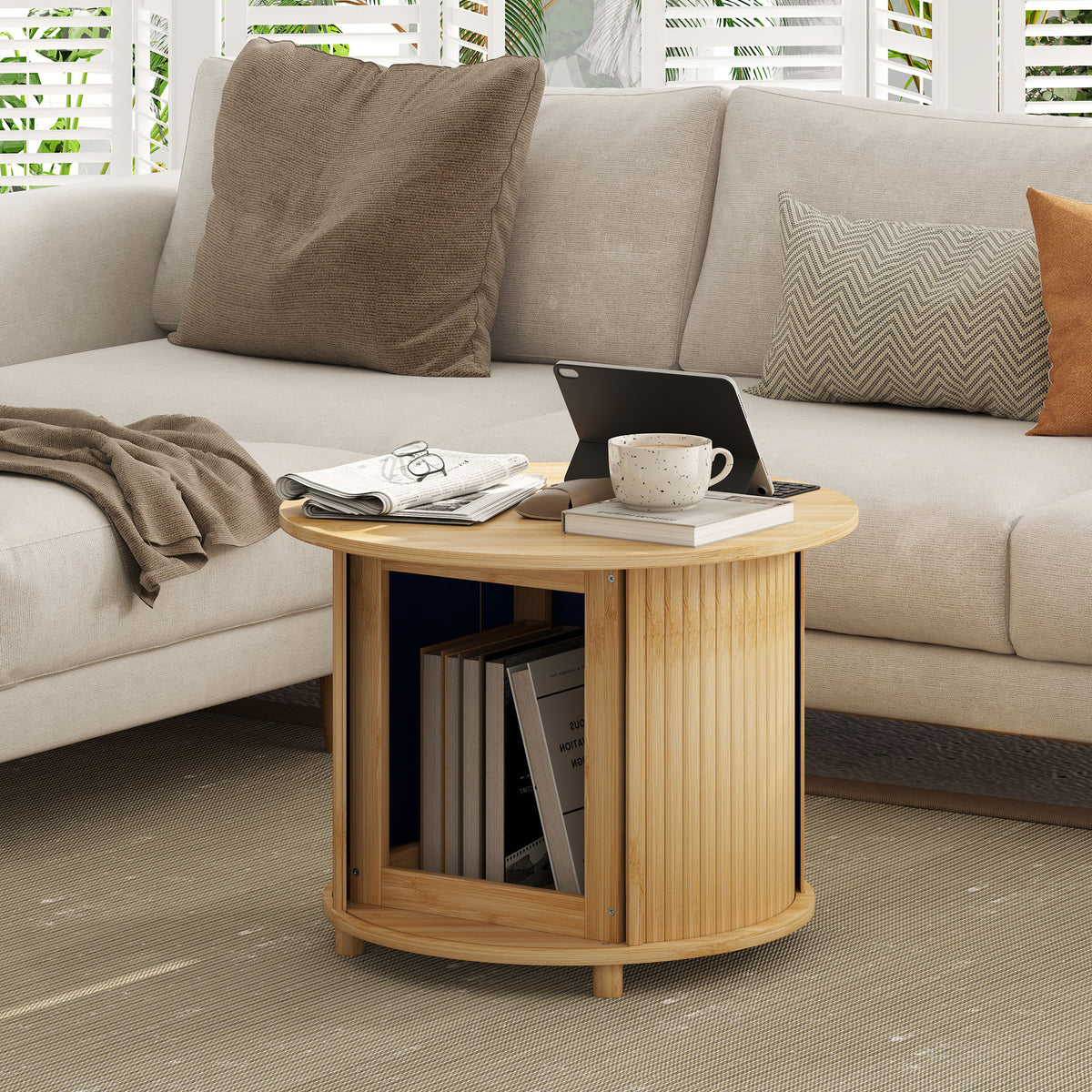 Table basse ronde table de salon en bambou avec rangement caché et porte coulissante, dim. Ø 60 x 45H cm, bois naturel